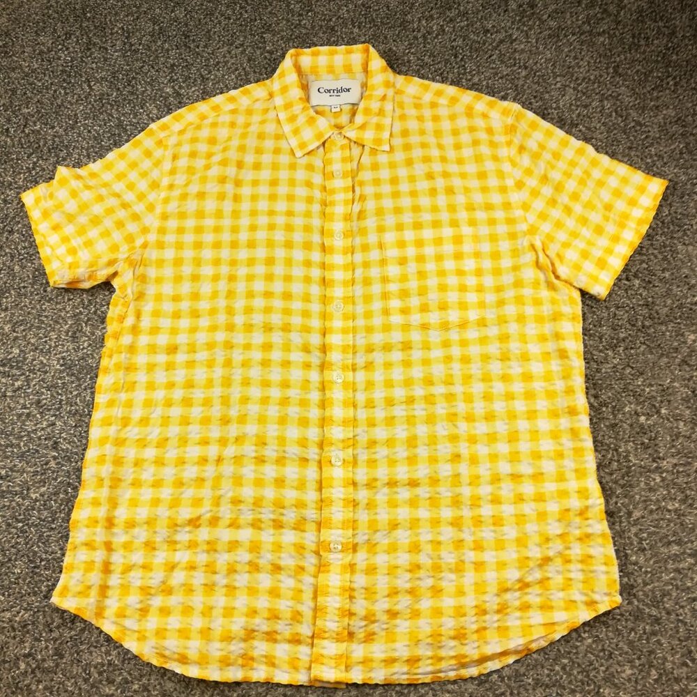 Corridor NYC Shirt Seersucker Gingham Checked Button Up Yellow Mens Medium
